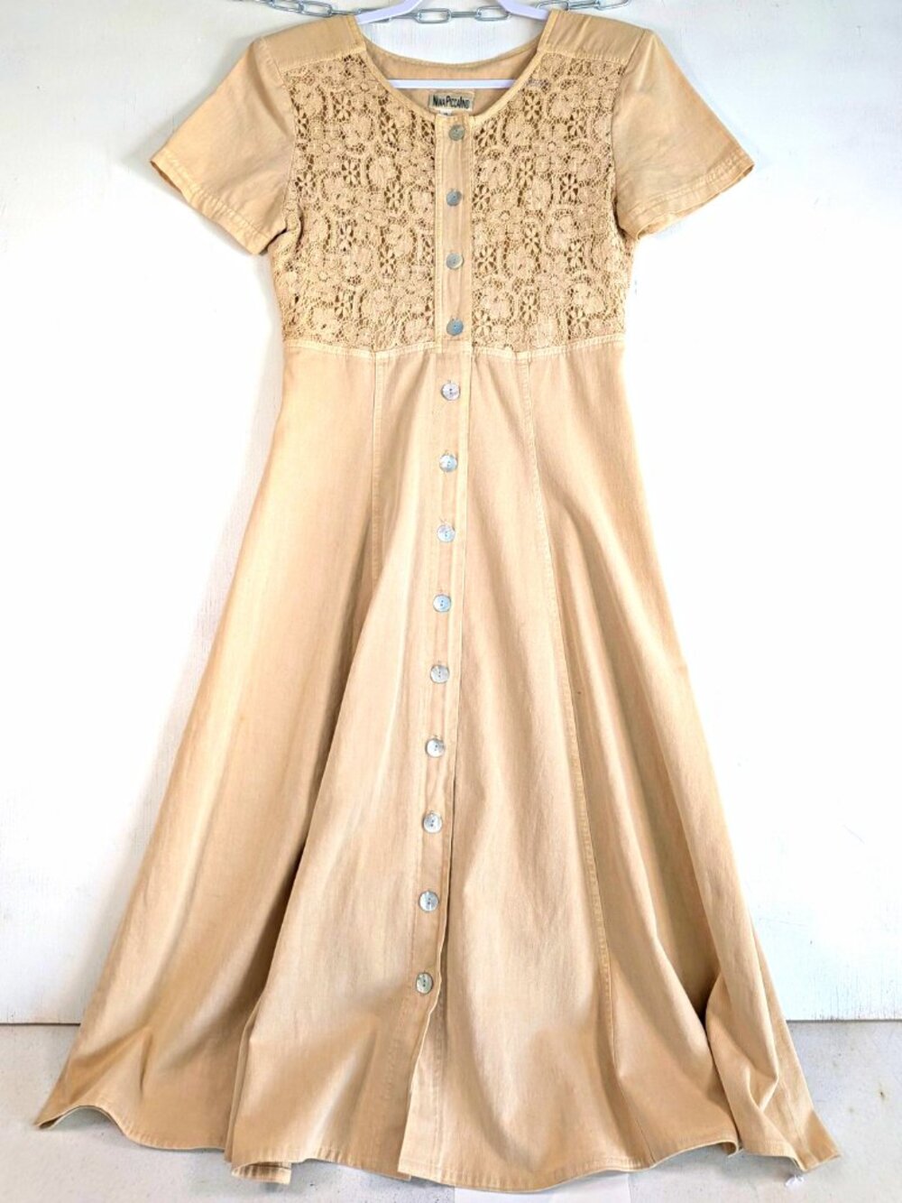 Vintage 90s Crochet Lace Bodice Button Front Maxi Dress Tan Sz 8 Nina Piccalino